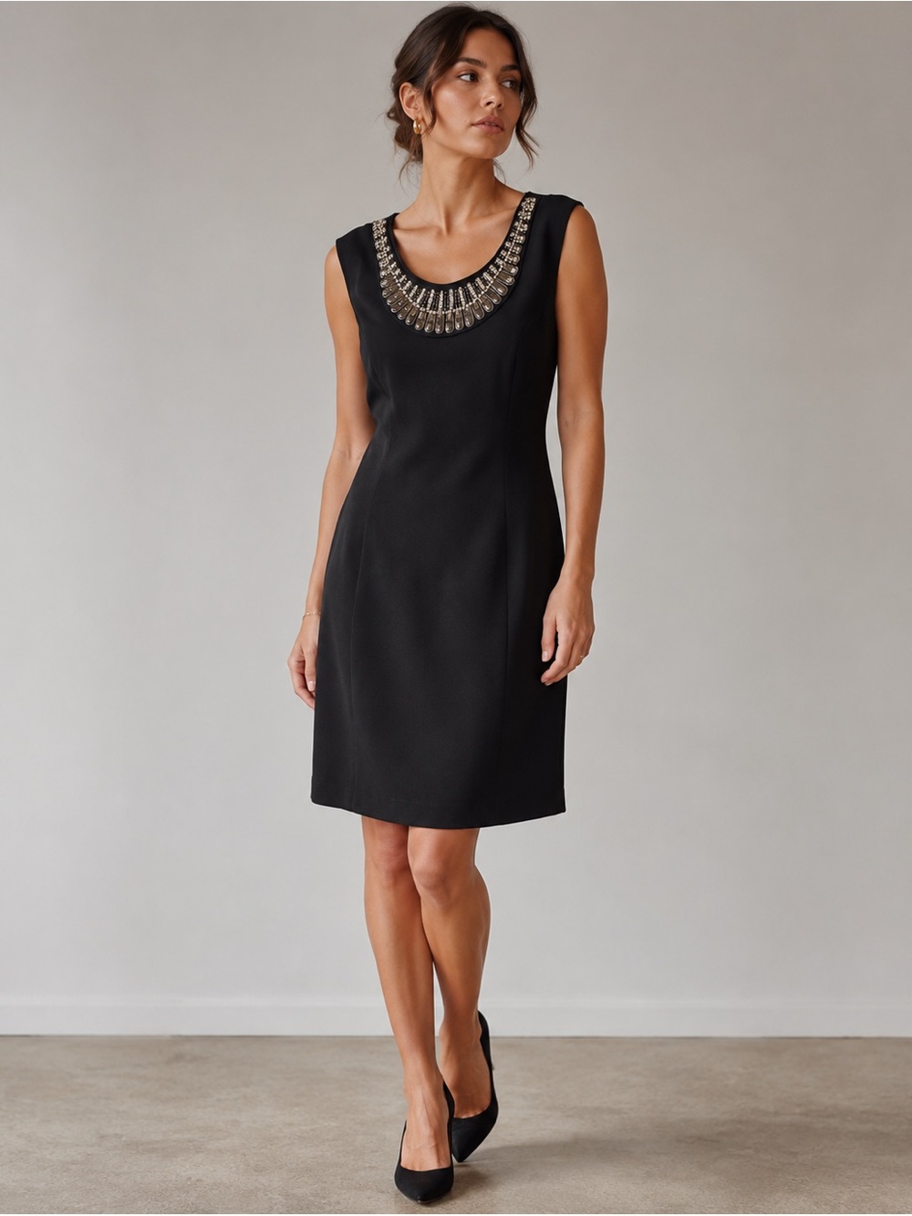 Alfani Black Beaded Collar Sleeveless Cocktail Sheath Dress - Size 14